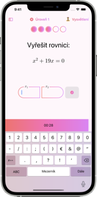 Mobilní aplikace Math Guru. Lekce učení, jak rychle řešit kvadratické rovnice
