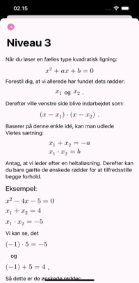 Beskrivelse af, hvordan man løser kvadratisk ligning fra opgaven. Teori om, hvordan man løser den kvadratiske ligning, vises