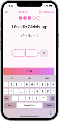 Mathematik Guru Mobile Anwendung. Eine Lektion, bei der man schnell quadratische Gleichungen löst