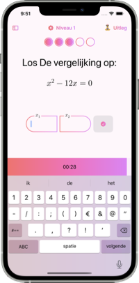 Math Guru Mobiele applicatie. Een les die les geeft hoe ze snel kwadratische vergelijkingen kunnen oplossen