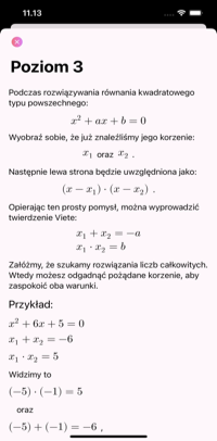 Opis sposobu rozwiązania równania kwadratowego z zadania. Wyświetlana jest teoria rozwiązania równania kwadratowego